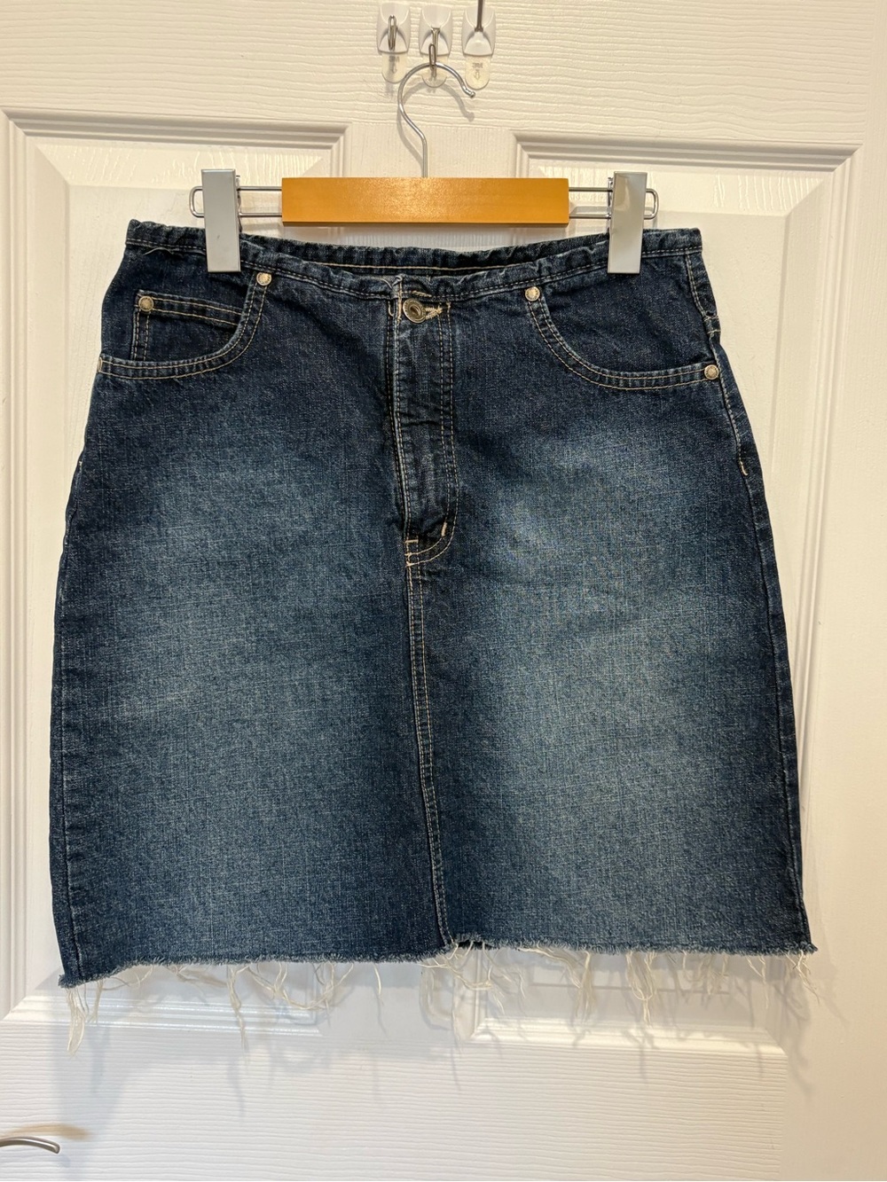 Vintage Hydraulic Dark Blue Denim Mini Skirt with Frayed Hem #1182